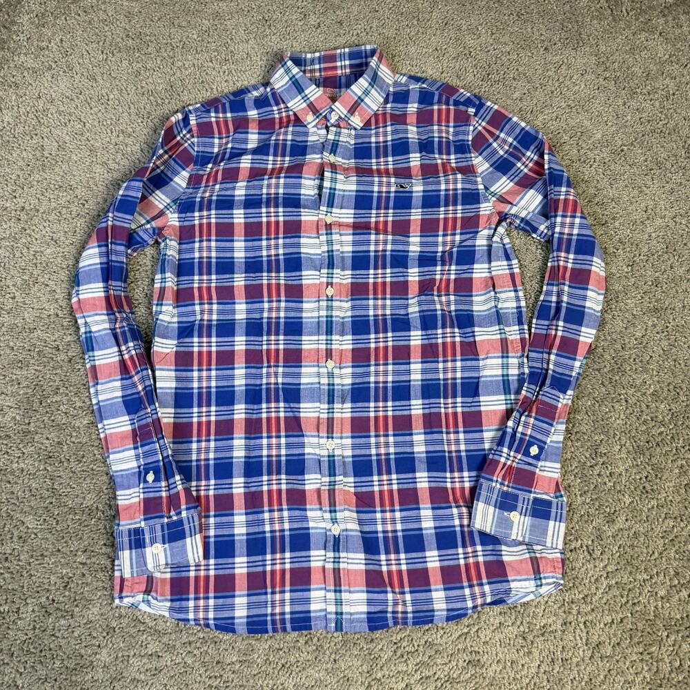 Vineyard Vines Shirt Boys XL Blue Plaid Button-Up Long Sleeve Embroidered - Picture 3 of 10